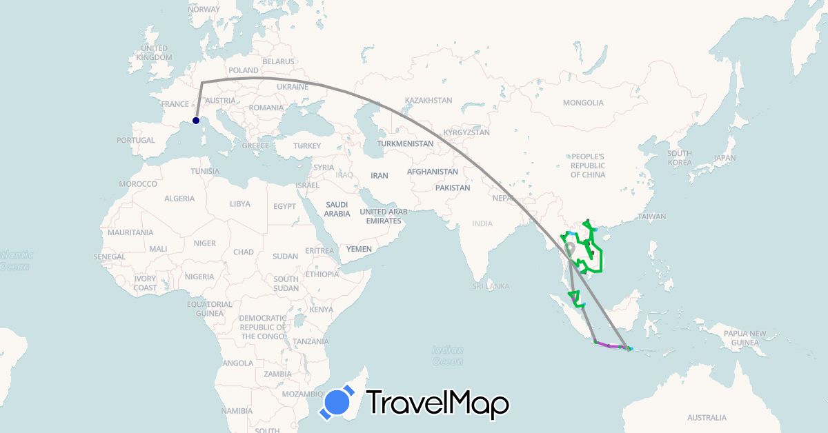 TravelMap itinerary: driving, bus, plane, train, hiking, boat, motorbike in Germany, France, Indonesia, Cambodia, Laos, Malaysia, Singapore, Thailand, Vietnam (Asia, Europe)